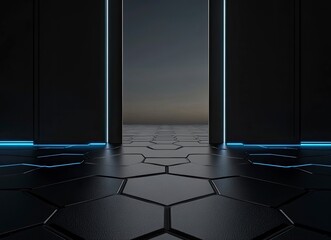 Poster - 3d rendering of hexagonal floor with light coming from the top in black color, with blue lights on bottom and background is dark sky. The view should be at eye level looking towards camera. 