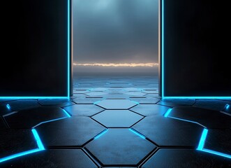 Poster - 3d rendering of hexagonal floor with light coming from the top in black color, with blue lights on bottom and background is dark sky. The view should be at eye level looking towards camera. 