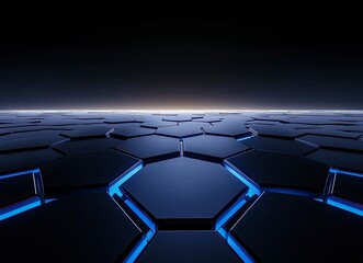 Poster - 3d rendering of hexagonal floor with light coming from the top in black color, with blue lights on bottom and background is dark sky. The view should be at eye level looking towards camera. 