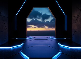 Poster - 3d rendering of hexagonal floor with light coming from the top in black color, with blue lights on bottom and background is dark sky. The view should be at eye level looking towards camera. 