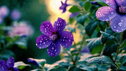 Poster - Purple flower with dewdrops in soft focus and bokeh background. Natural beauty concept