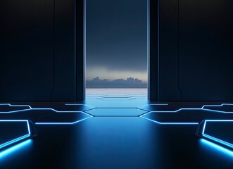 Poster - 3d rendering of hexagonal floor with light coming from the top in black color, with blue lights on bottom and background is dark sky. The view should be at eye level looking towards camera. 