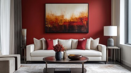 Poster - A beautifully designed living space showcases a cream sofa adorned with decorative pillows. Bold red walls enhance the ambience, while an abstract artwork captivates attention above