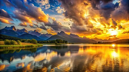 Wall Mural - Golden hour paints a breathtaking sunset over tranquil waters, majestic peaks mirroring the dramatic sky.