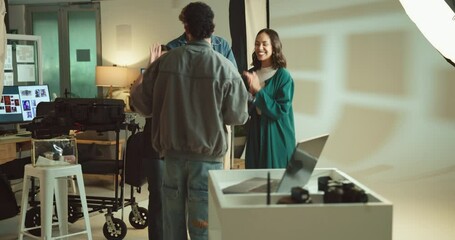 Poster - Results, photographer and camera with people in studio for ecommerce catalog, production and model. Creative project, photoshoot and backstage with men and women on set for filming a brand campaign