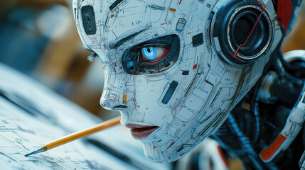 Poster - Advanced futuristic robot working on architectural blueprints at a construction site, demonstrating AI-driven engineering and automation. Close-up view. banner. copy space