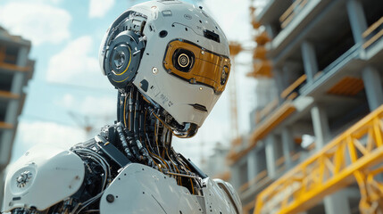 Poster - Futuristic robot working on construction site,banner. copy space