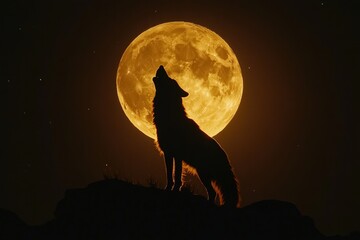  Wolf silhouette howling at a glowing orange moon