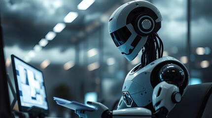 Aufkleber - a robot working diligently on a computer, displaying futuristic technology and artificial intelligence