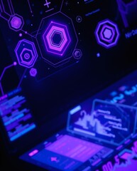 Poster - Purple and blue digital interface on a laptop screen showing data analysis and programming code. The image is dark with neon-like accents, creating a futuristic and technological aesthetic
