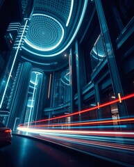 Aufkleber - futuristic building exterior with neon lights and car light trails, modern architecture 