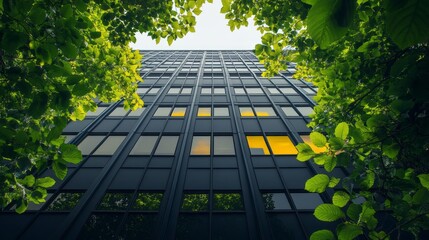 Aufkleber - Flourishing greenery surrounds a sleek skyscraper with illuminated windows, showcasing a harmonious blend of urban life and nature. This captivating view captivates as dusk approaches