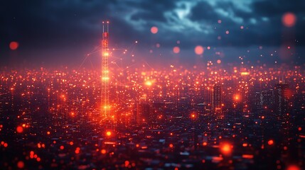 Poster - 3d illustration of a telecom base station receiver with abstract digital connections, symbolizing mo