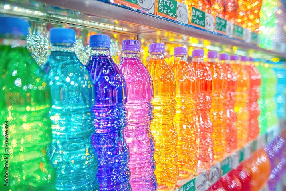 A vibrant array of beverage bottles in various colors is lined up on shelves in a store. The bright hues and clear packaging create an eye-catching display, inviting customers to explore.