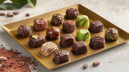Poster - Assorted chocolate pralines with intricate designs and fillings on a gold tray, surrounded by cocoa beans and chocolate shavings.