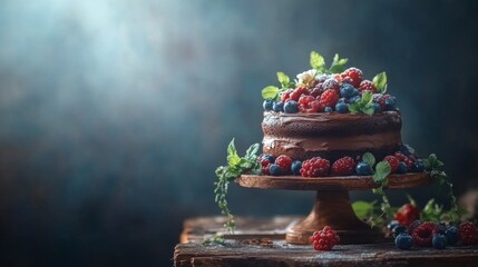 Poster - A beautifully decorated chocolate cake with rich ganache, adorned with fresh berries and mint leaves, sitting on a rustic wooden table against a soft background.
