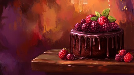 Poster - A beautifully decorated chocolate cake with rich ganache, adorned with fresh berries and mint leaves, sitting on a rustic wooden table against a soft background.