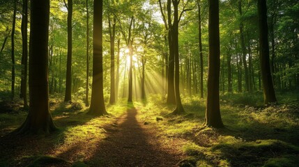 Poster - A beautiful forest scene with tall trees and dappled sunlight filtering through the leaves, highlighting the importance of forests in absorbing carbon dioxide.