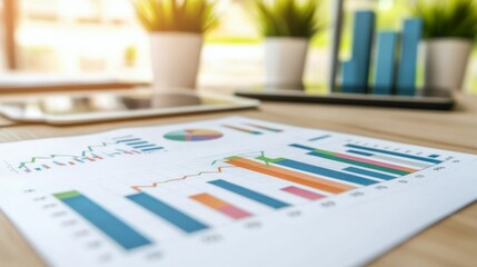 Poster - A close-up view of a financial chart with various colored lines depicting market performance over time, set on a sleek desk with a blurred background.