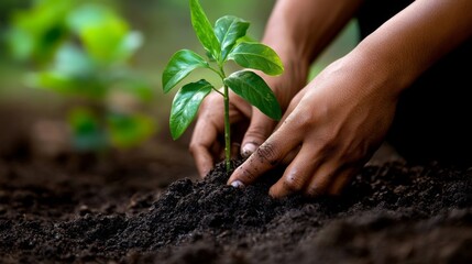 Poster - A close-up view of hands planting a young sapling into rich, dark soil, with green leaves in the background, symbolizing growth and nurturing the environment.