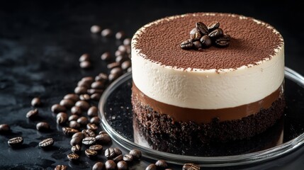 Poster - A delectable tiramisu cake layered with coffee and mascarpone, elegantly presented on a glass plate with coffee beans scattered around.
