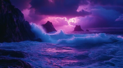 Poster - Majestic waves crash against dark cliffs as the sky erupts in vivid purple and pink shades, creating a mesmerizing display at twilight on this serene coastline