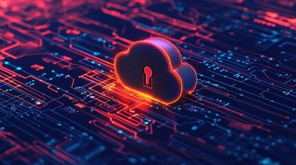 Poster - A digital illustration of a cloud symbol with a keyhole, representing cloud security and data protection surrounded by circuit patterns.