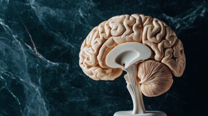 Poster - A detailed close-up of a human brain model, showcasing the intricate folds and structures, set against a dark background to highlight its complexity and beauty.