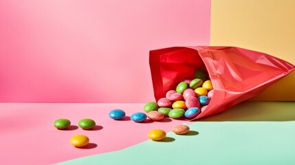 Aufkleber - A dynamic image of a handful of assorted candies spilling from a colorful bag onto a bright surface, capturing the excitement and abundance of sweet treats.