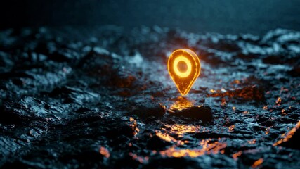 Poster - Glowing map pin on wet rocky surface in the dark. Digital navigation concept
