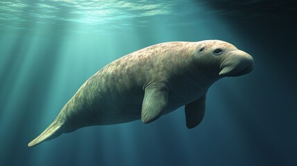 Poster - A panoramic view of a dugong swimming gracefully through the open ocean, with rays of sunlight penetrating the surface, enhancing the tranquility of the scene.
