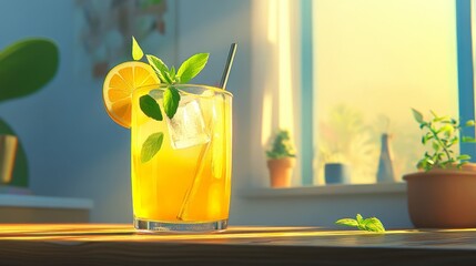 Aufkleber - A refreshing glass of iced lemonade filled with bright yellow liquid and ice cubes, garnished with a lemon slice and mint leaves, sitting on a wooden table.