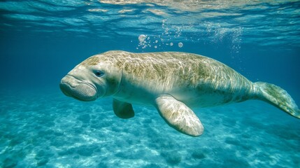 Poster - A playful dugong swimming close to the surface, with its flippers extended and bubbles rising around it, capturing the joy and liveliness of marine life.