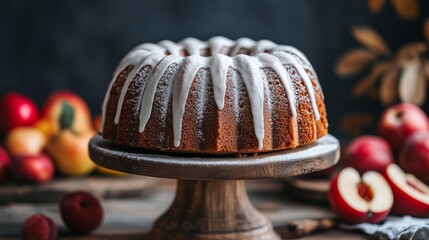 Poster - A rustic bundt cake drizzled with icing and sprinkled with powdered sugar, displayed on a wooden cake stand with fresh fruits in the background.