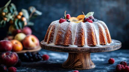 Poster - A rustic bundt cake drizzled with icing and sprinkled with powdered sugar, displayed on a wooden cake stand with fresh fruits in the background.