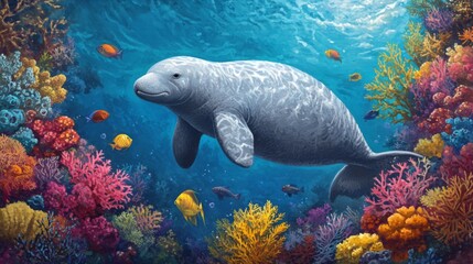 Aufkleber - A serene image of a dugong swimming alongside a vibrant coral reef, with various marine creatures cohabiting, showcasing the beauty of underwater life.