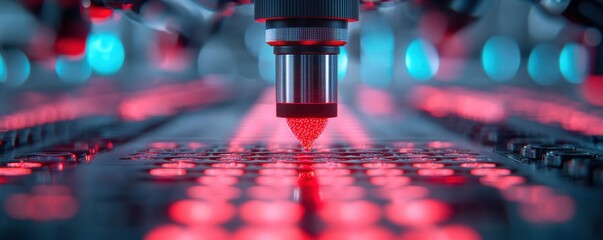 Poster - A close-up image of a precision laser cutting tool, surrounded by vibrant red and blue lights, highlighting advanced technology in manufacturing.