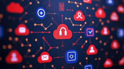 Poster - A vibrant digital network graphic featuring interconnected cloud icons, emphasizing data security with a prominent lock symbol.