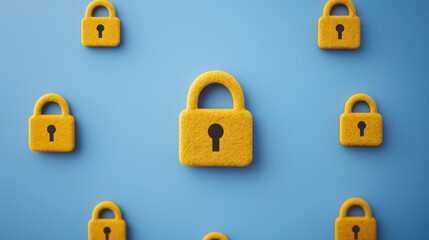 Poster - A vibrant blue background features yellow padlocks scattered, symbolizing security and protection in a minimalist design.