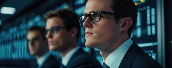 Poster - Three individuals in suits and glasses focus intently in a high-tech environment, suggesting a scene of strategy or decision-making.