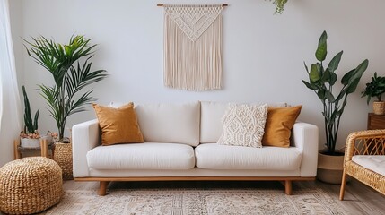 Poster - A modern, cozy living room featuring a light sofa, decorative cushions, plants, and a wall hanging, creating a warm and inviting atmosphere.