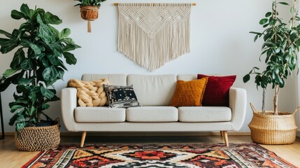 Poster - A cozy living room featuring a light sofa, colorful cushions, plants, and a decorative wall hanging, complemented by a patterned rug.
