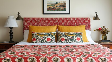 Poster - A cozy and stylish bedroom featuring a floral-patterned bedspread, vibrant pillows, and decorative lamps, creating a warm atmosphere.