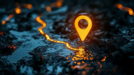 Poster - Glowing GPS location pin on wet dark surface with neon orange path, navigation concept