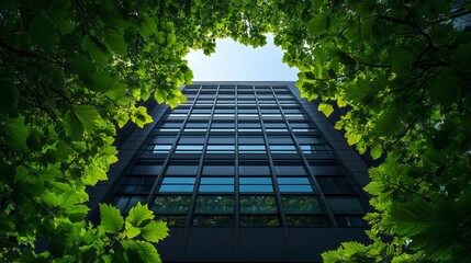 Poster - Bright sunlight filters through vibrant green leaves, creating a natural frame around a sleek glass building. The upward view captures a harmonious blend of nature and architecture