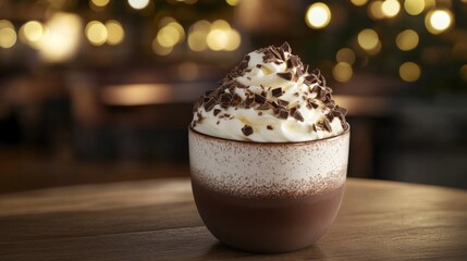 Poster - Close-up of hot chocolate in a ceramic cup topped with whipped cream and chocolate shavings, set on a wooden table, cozy and inviting.
