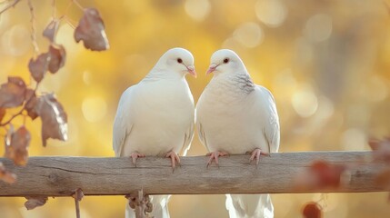 Poster - Close-up of two doves sitting side by side on a wooden fence, feathers soft and delicate, conveying warmth and companionship.