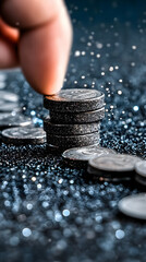 Poster - A hand stacks coins against a glittery backdrop, symbolizing wealth and financial growth