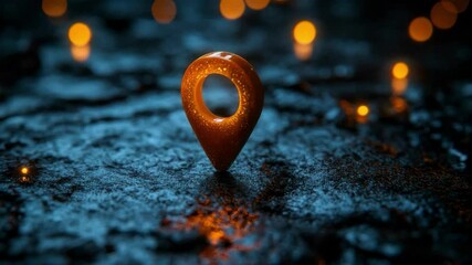 Poster - Glowing orange map pin on wet pavement at night, digital navigation concept