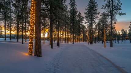 Poster - Snowy park with tall pine trees covered in lights, creating a serene, magical winter wonderland under a soft twilight sky.